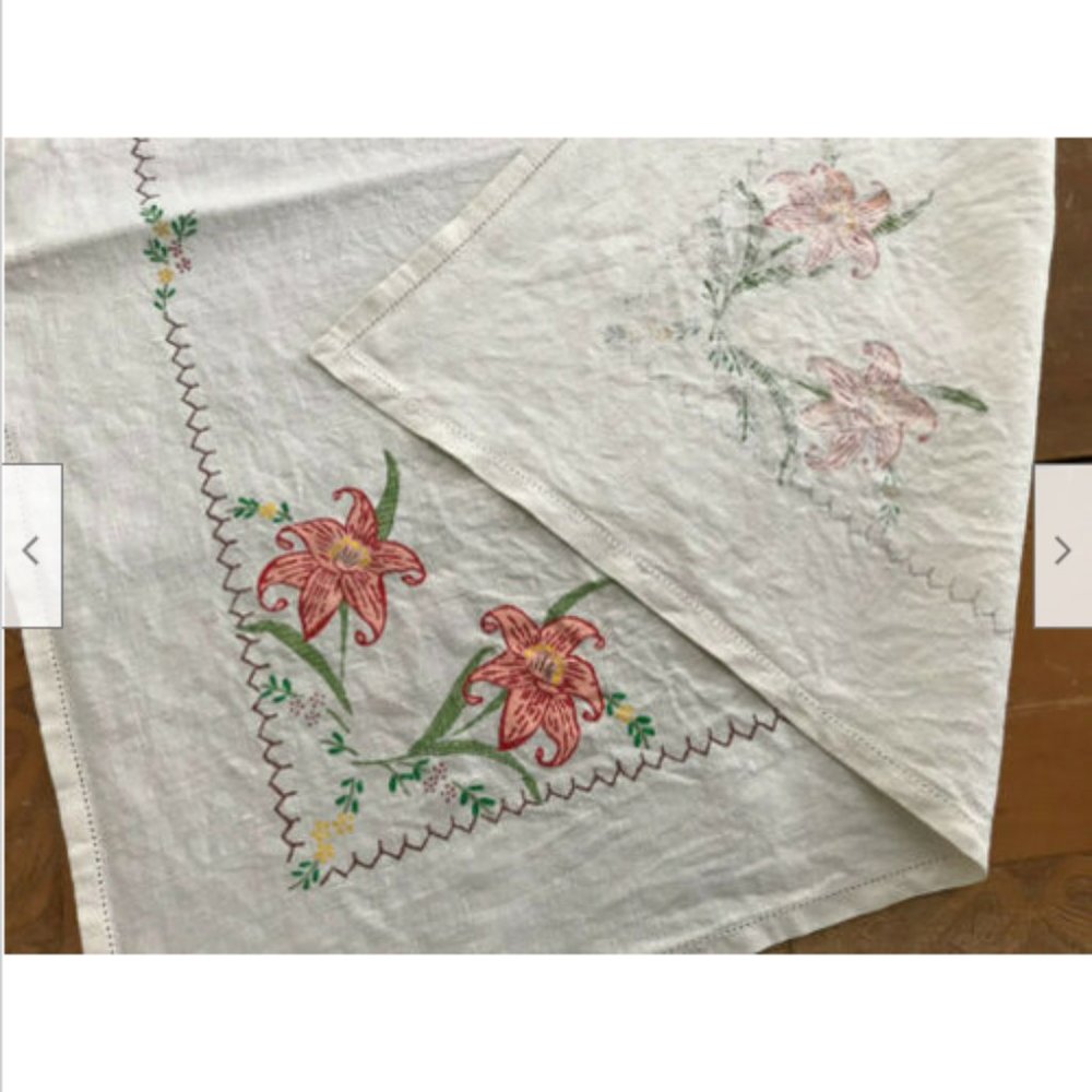 Vintage Hand Painted Linen Tablecloth Tiger Lily Floral Design 33x35"